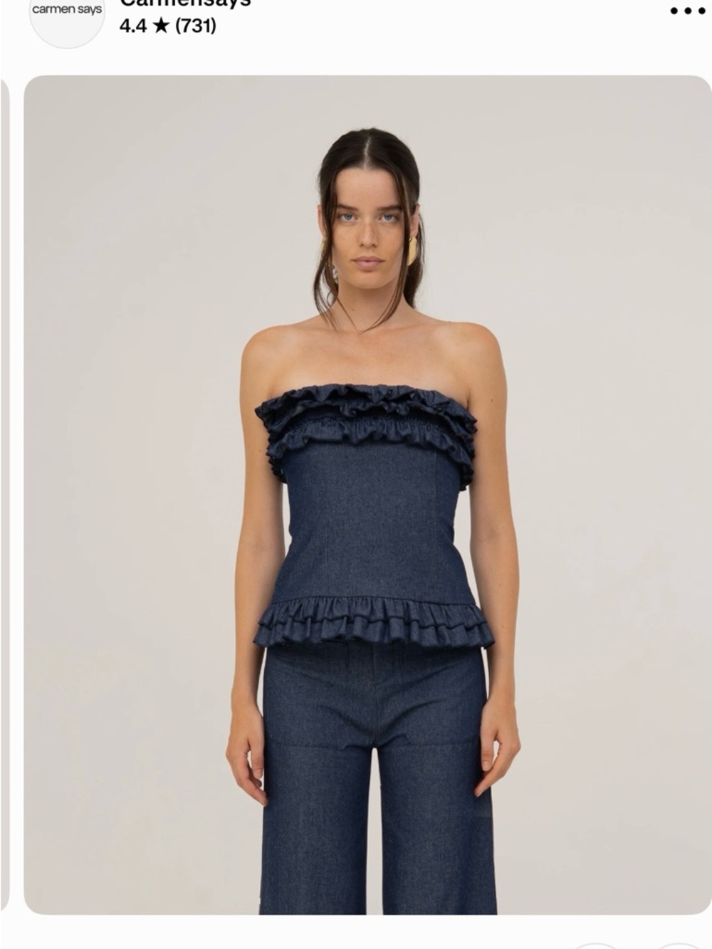 Strapless Ruffle Denim Peplum Top - Navy